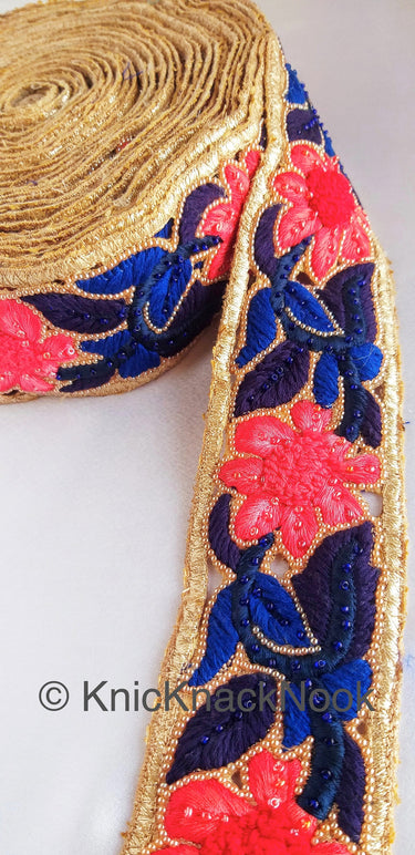 Blue And Gold Hand Embroidered Cutwork Lace Trim, Floral Embroidery Beaded, Wedding Trim